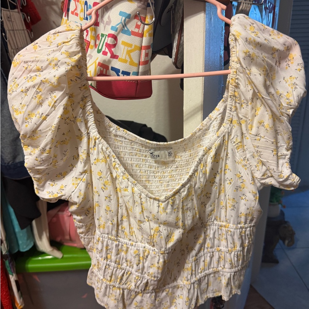 Floral White Top with Yellow Accents